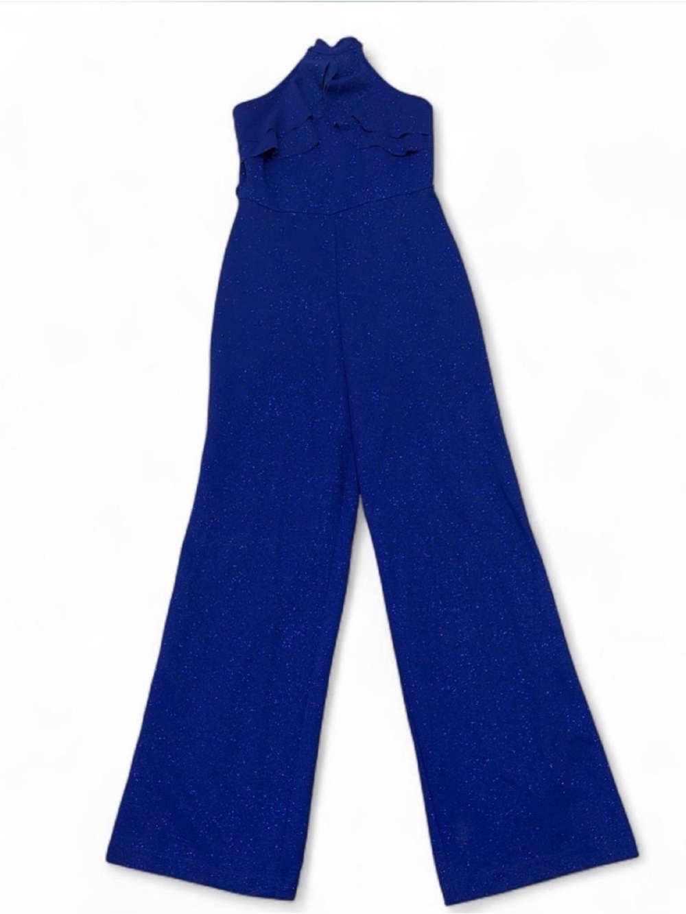 bebe Electric Blue Glitter Ruffled Jumpsuit